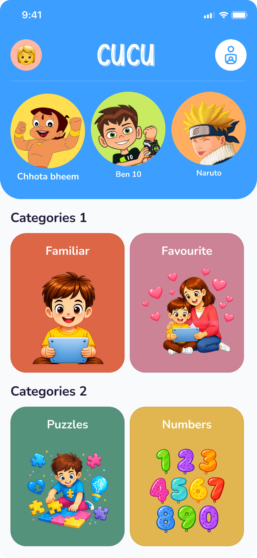 CuCu TV app screen — Kid home