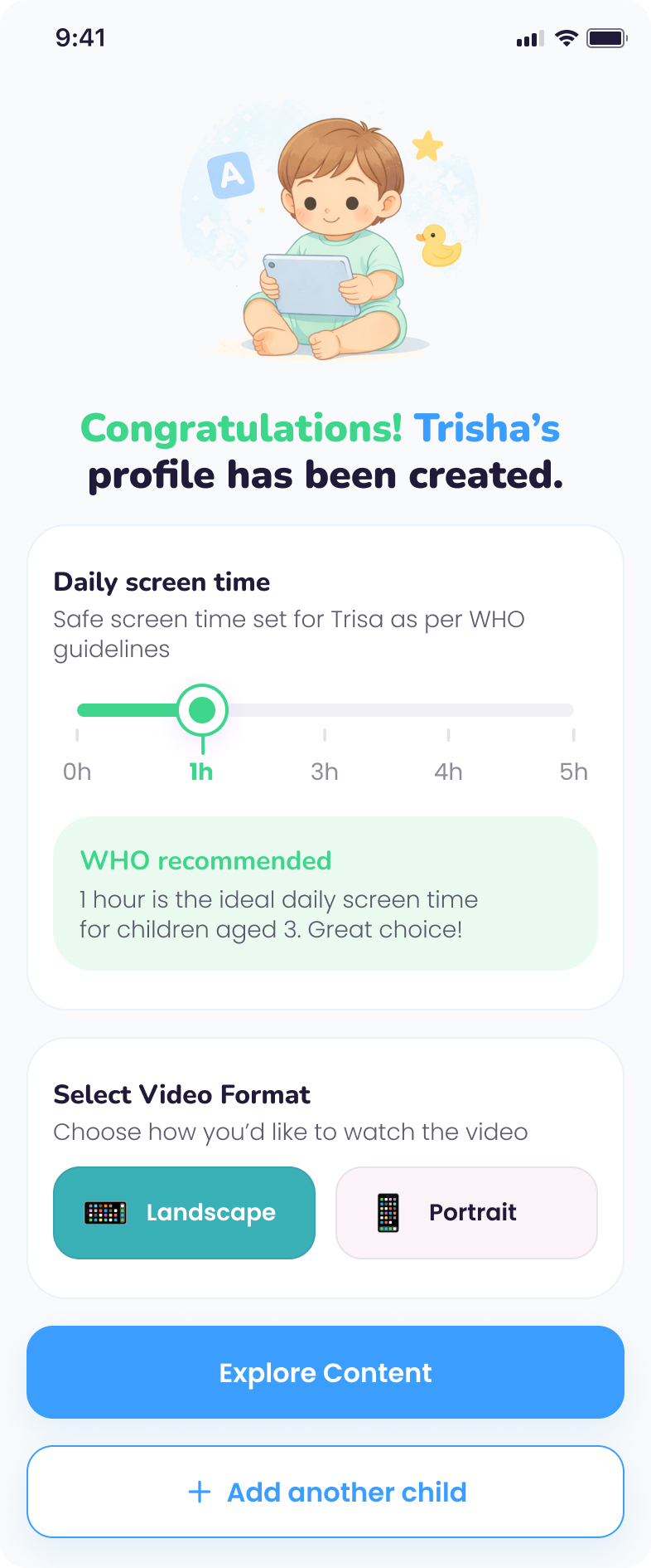 CuCu TV app screen — Safe screen-time limits
